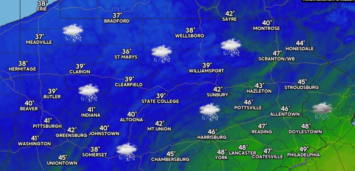 Rain and Snow Today, Cooler Weather With Spotty Snow Showers by Friday Evening