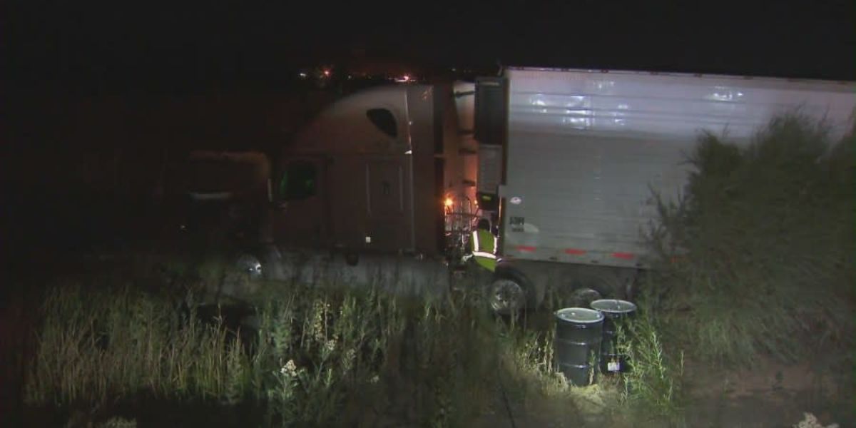 Semi-truck Crashes Into Waterway Off 5 Freeway in Castaic, Fuel Spill Prompts Lane Closures