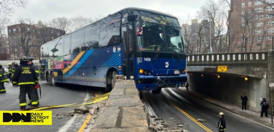 NYC Bus Driver Crashes Into Stone Wall, Front End Hanging Over Road With No Injuries Reported