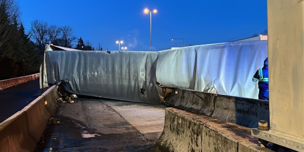 Roll-Over Semi Truck and Crashes Close Northbound I-405 for Hours in Renton